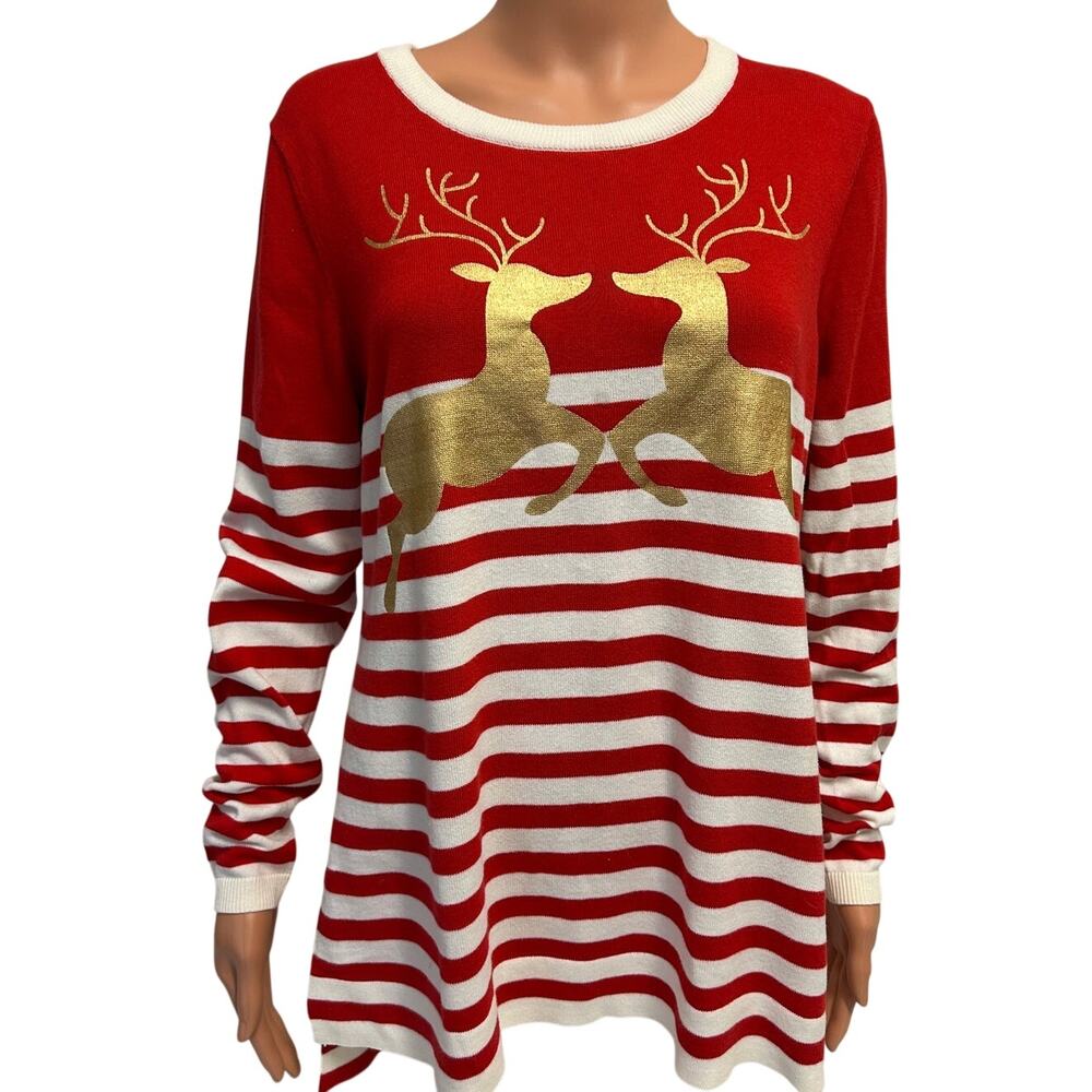 Crown Ivy Red & White striped Christmas pullover w/gold metallic reindeer sz l